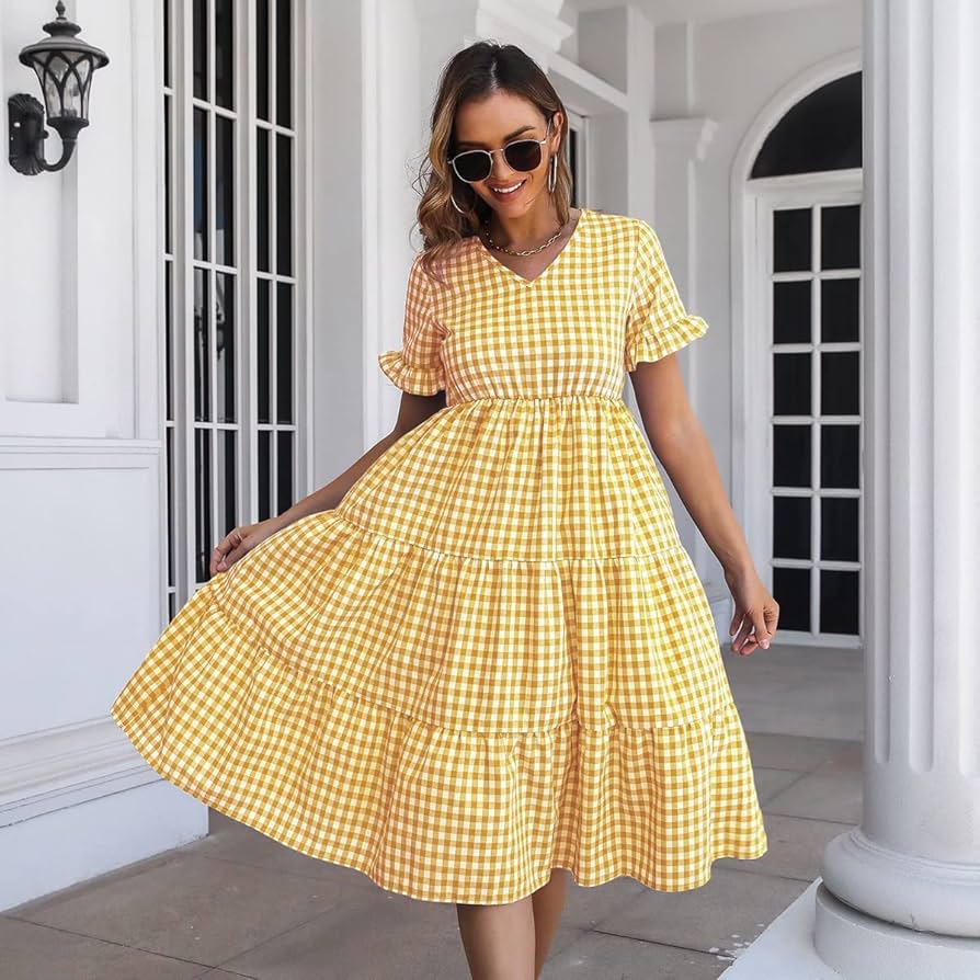 Amazon.co.jp: Gingham Check Flare Women's Long Dress, Short